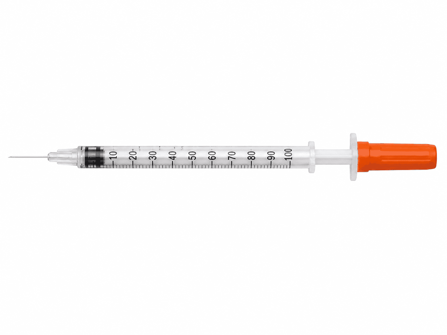 Insulin syringe with orange cap, short thin fixed needle, used for subcutaneous injections