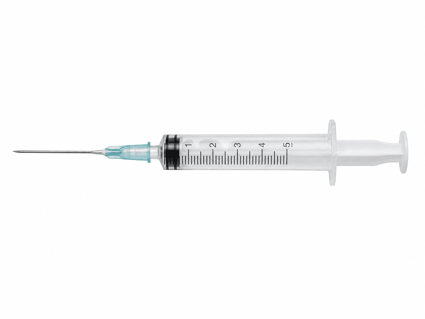 Intramuscular syringe with blue hub, longer detachable needle, used for intramuscular injections
